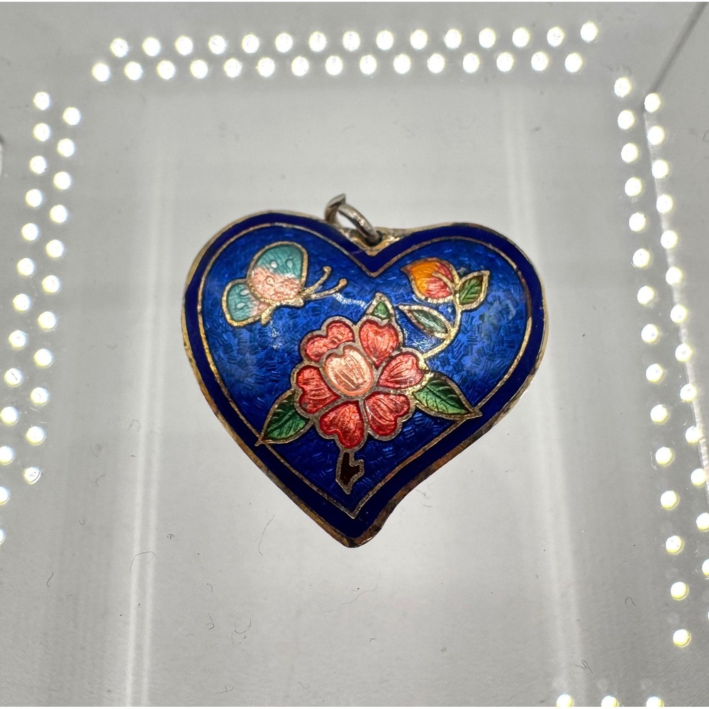 Vintage Cloisonne Enamel Heart Pendant Blue Floral Butterfly Charm 1 Inch